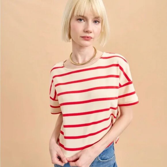 La Ligne Red and Cream Striped Breton Short Sleeve Tee Large - Picture 1 of 8